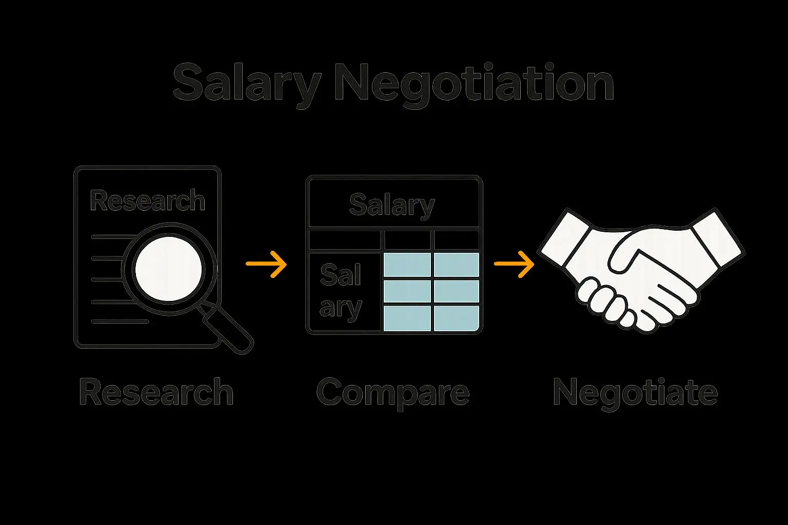 Simple infographic showing the three key steps: research, compare data, negotiate salary