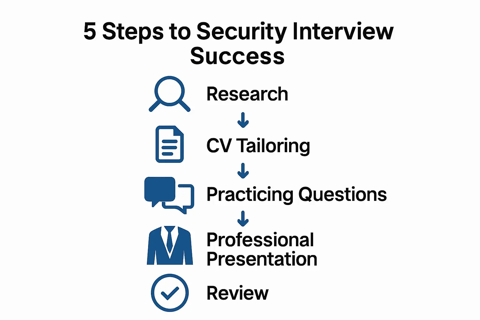 Infographic showing five steps to succeed in a security job interview process.
