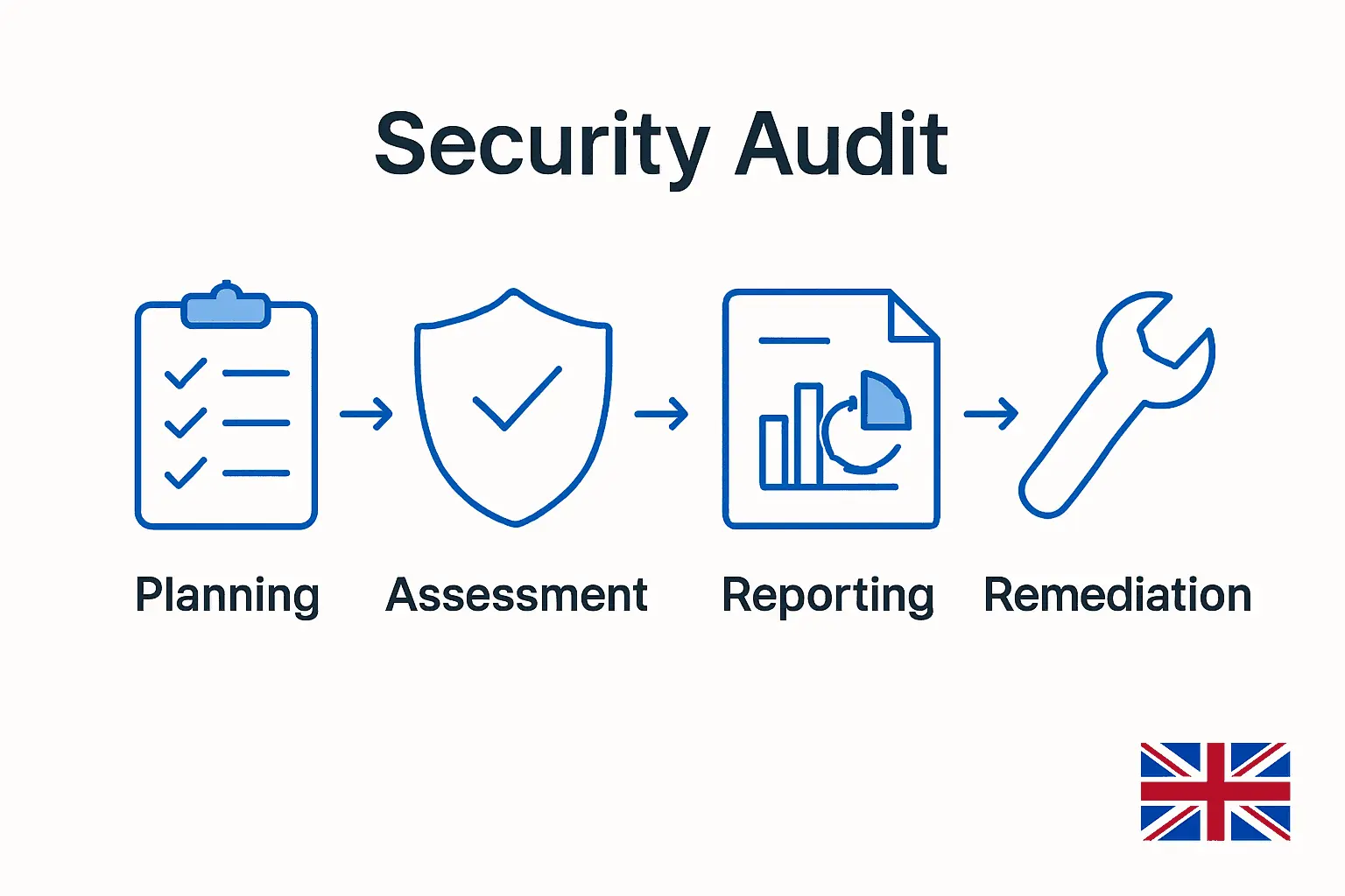 Infographic showing four stages of a UK security audit: Planning, Assessment, Reporting, Remediation