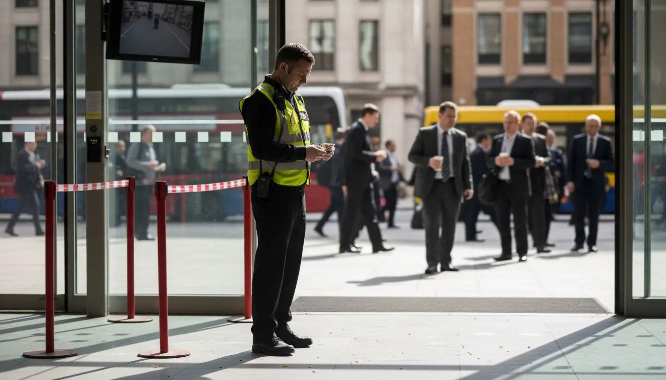 Security guard working entrance in London office