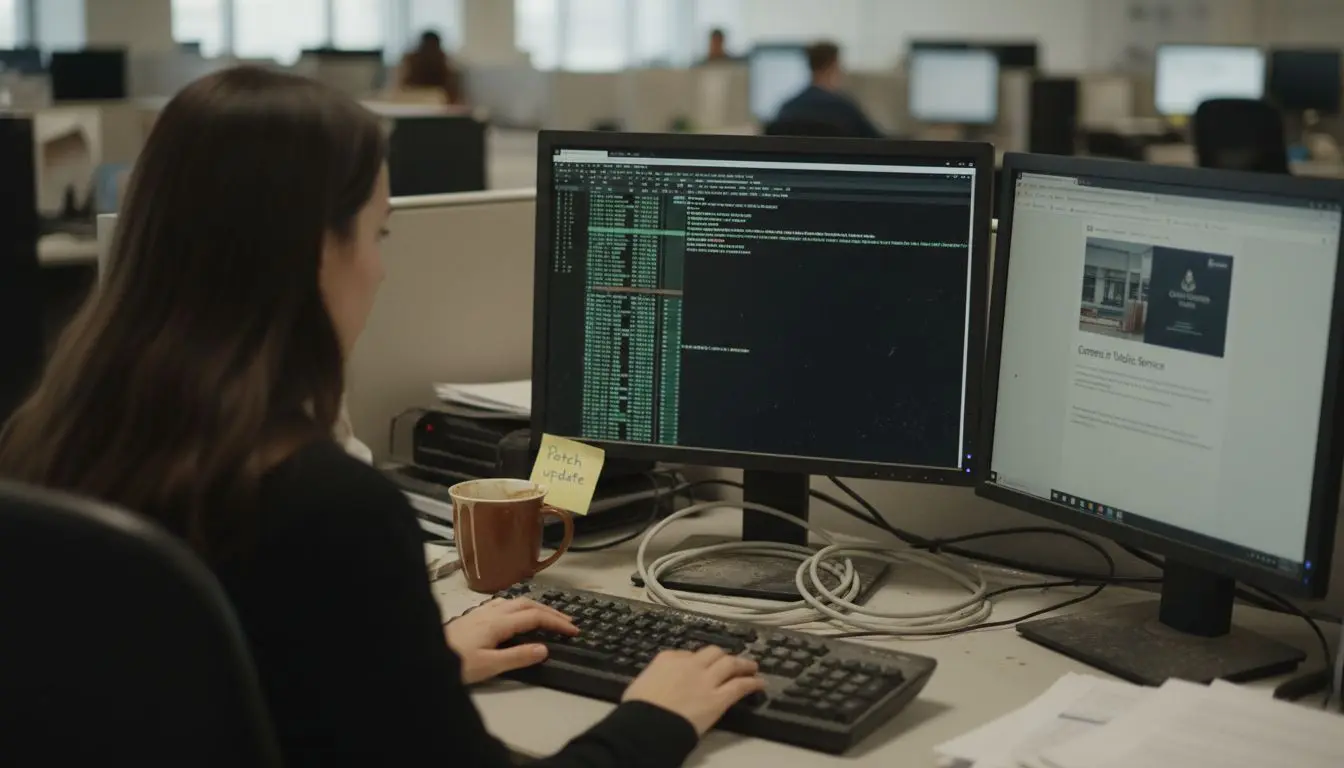 Analyst working at cluttered cybersecurity desk