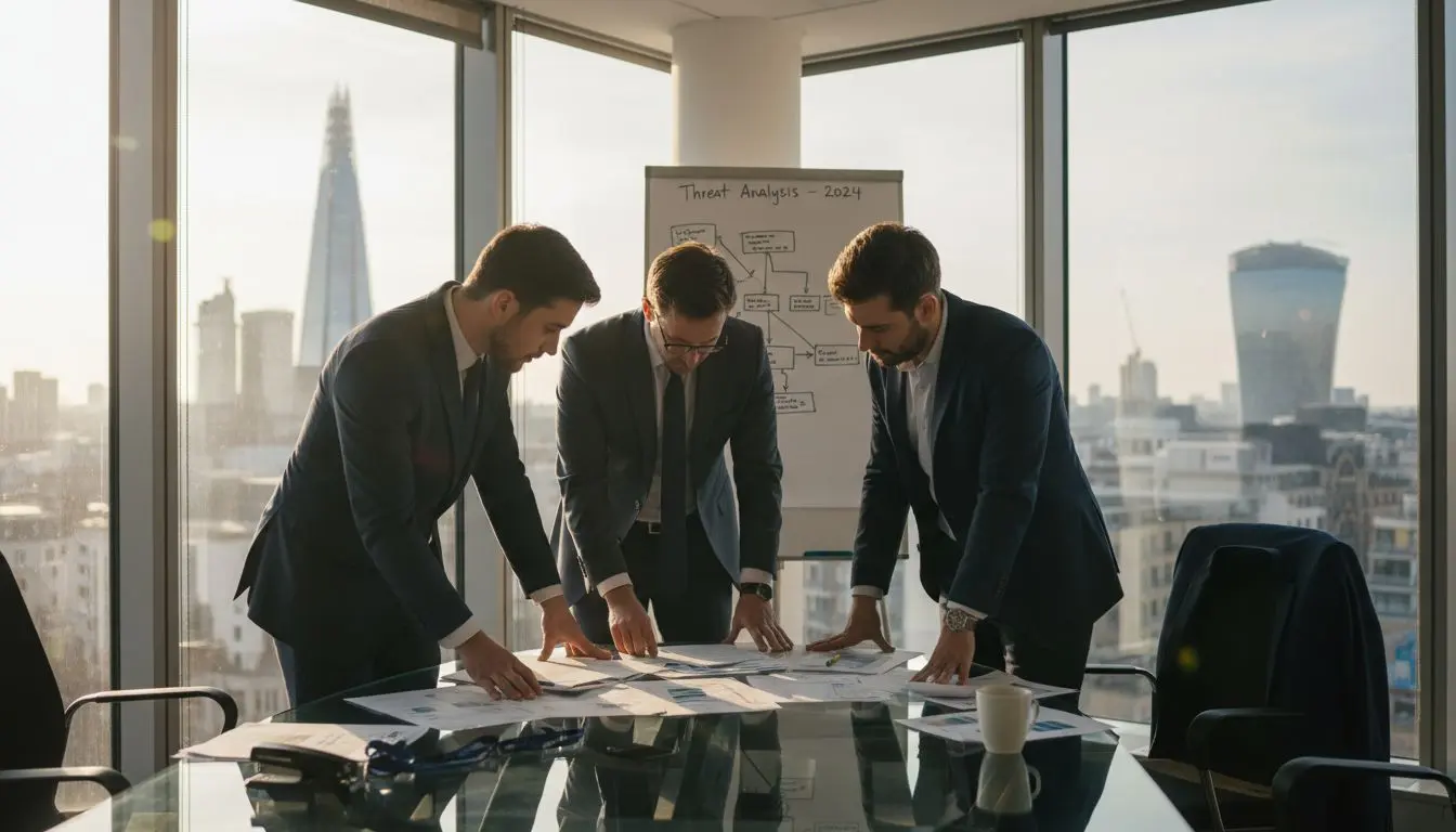 Security team reviewing reports in London office