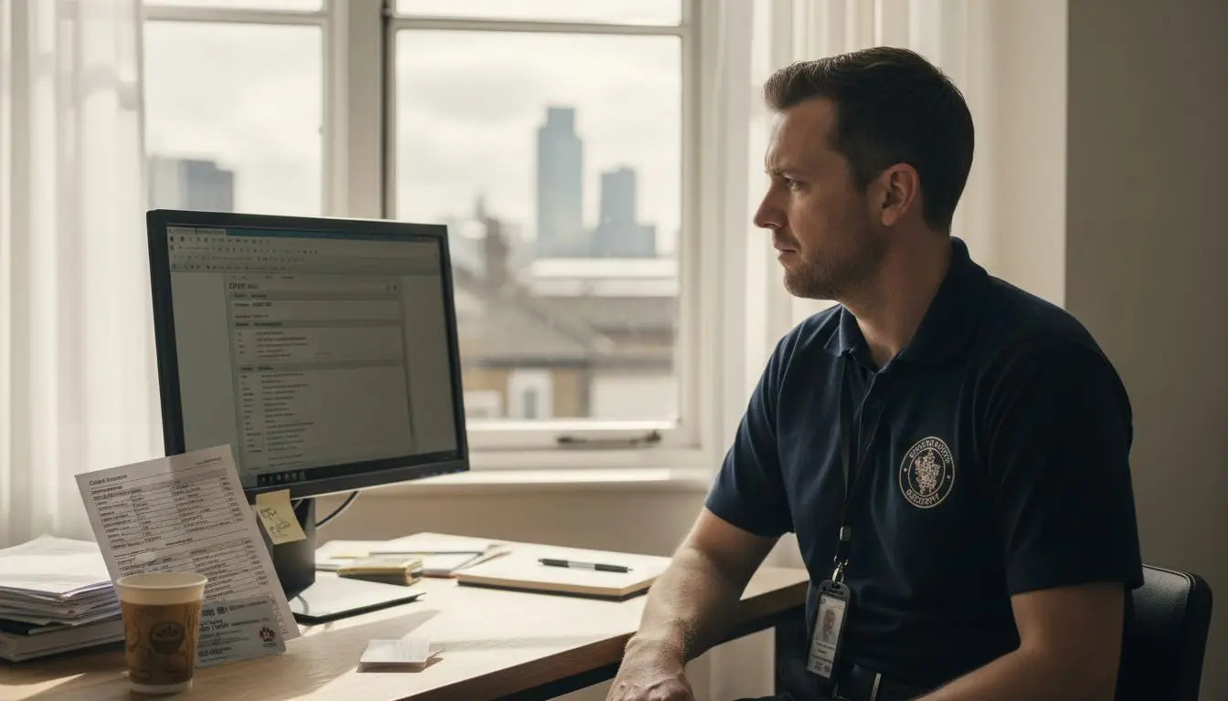 Security professional updating CV at London flat desk