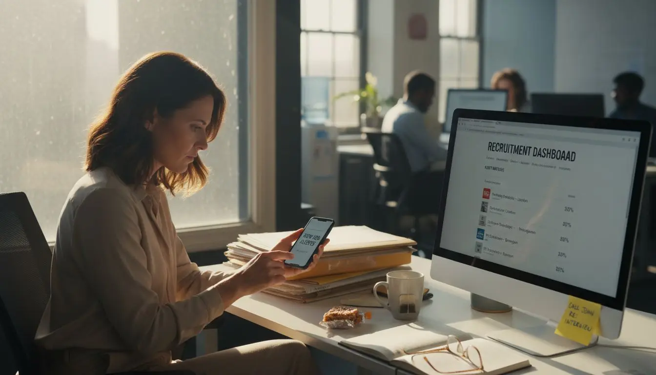 HR manager reading smartphone job alerts
