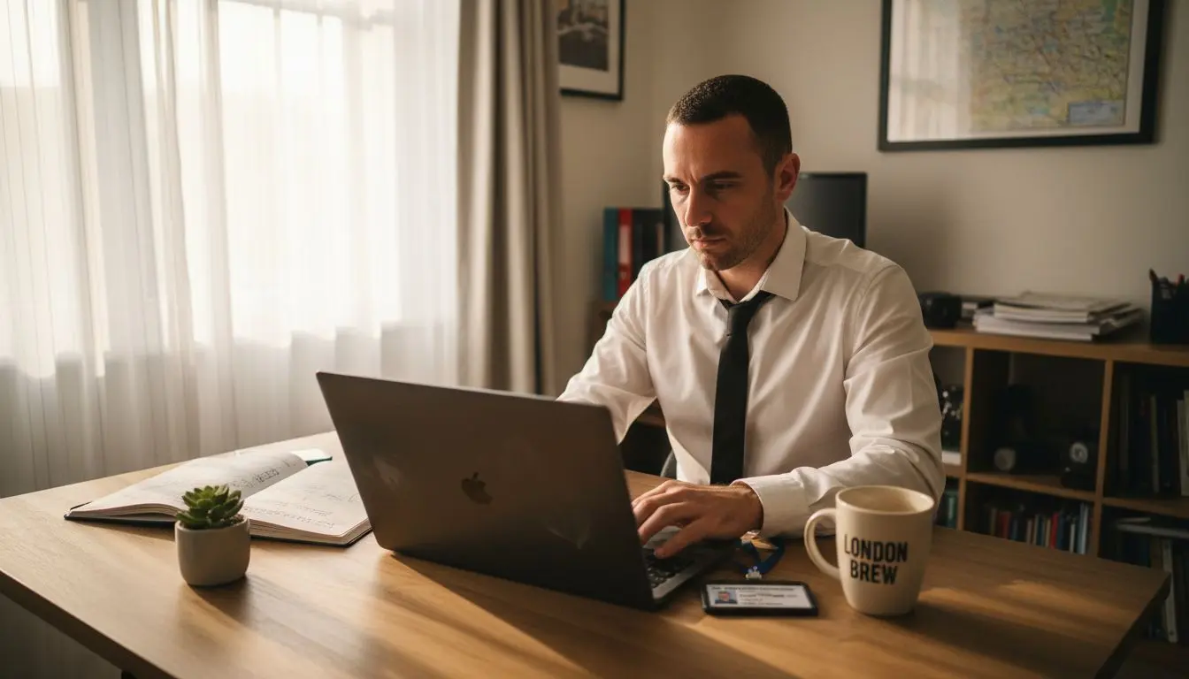 Man searching security job vacancies at desk