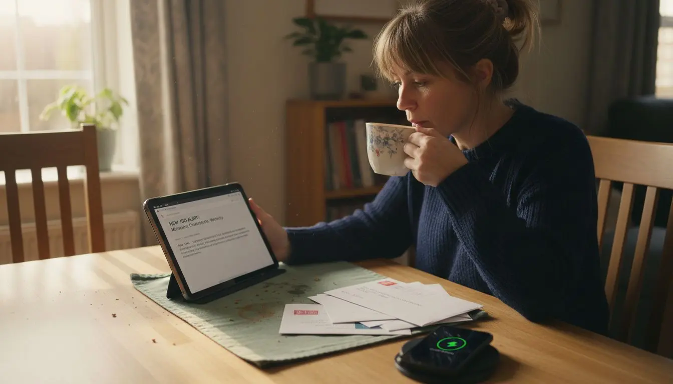 Woman reads job alert email at home