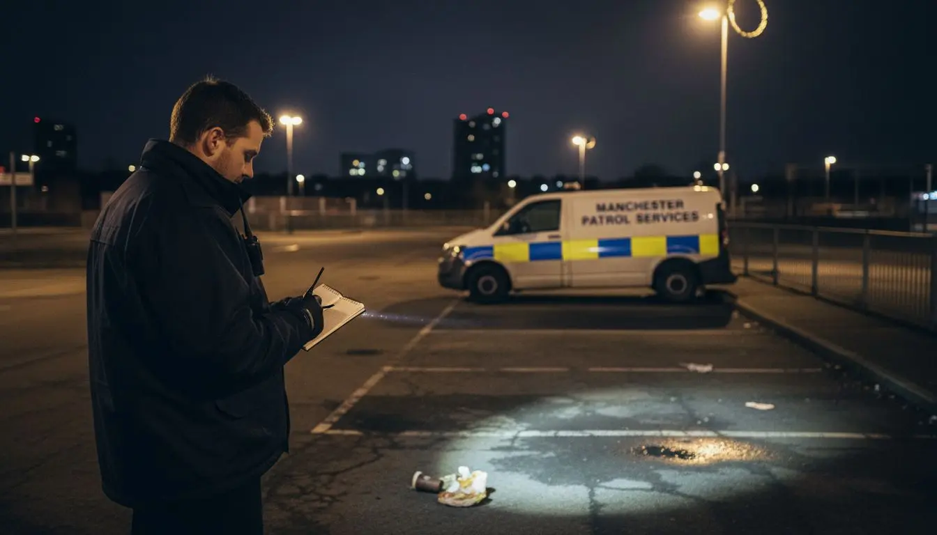 UK security officer patrolling car park at night