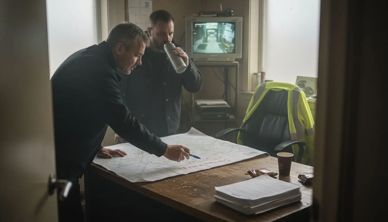 Security team reviewing patrol site map