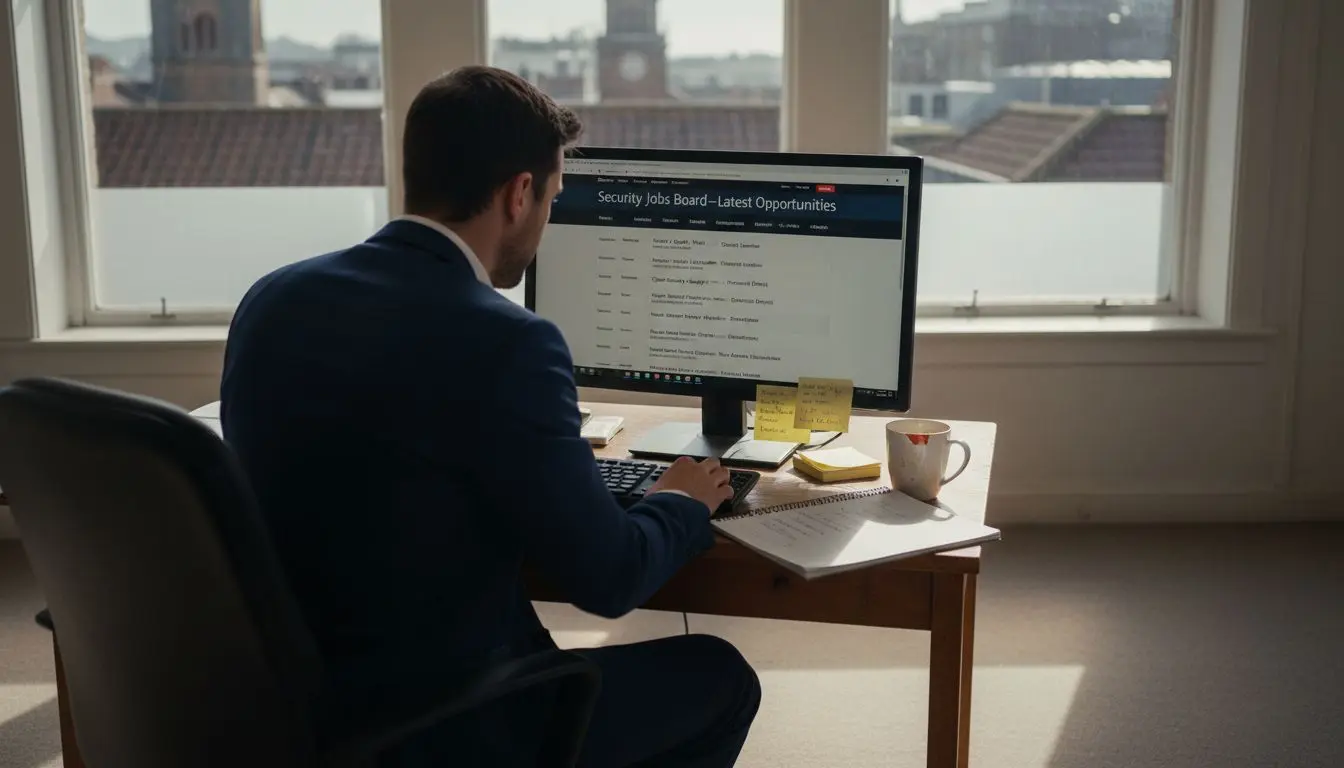 Professional checks security job listings on monitor