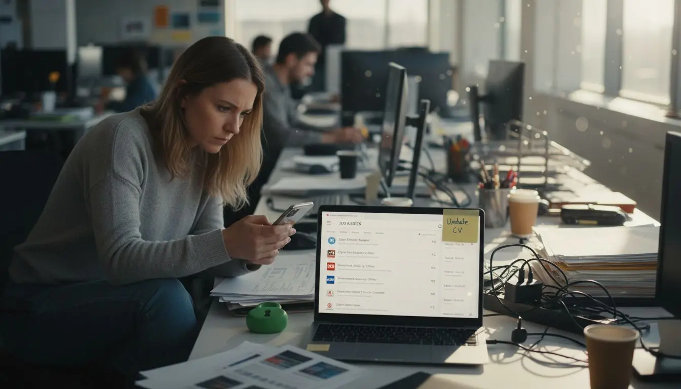 Woman looks at security job alert notifications