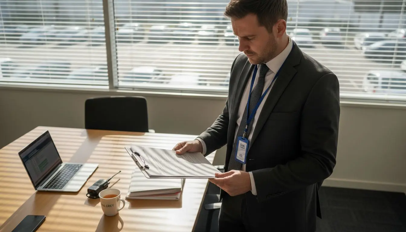 Security manager reviewing checklist in busy office