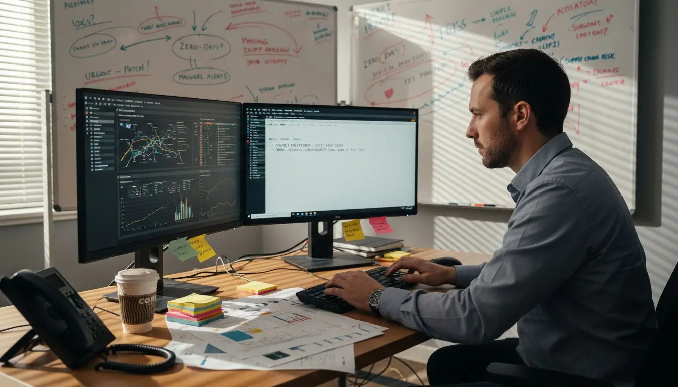 Cybersecurity analyst working at corner office desk
