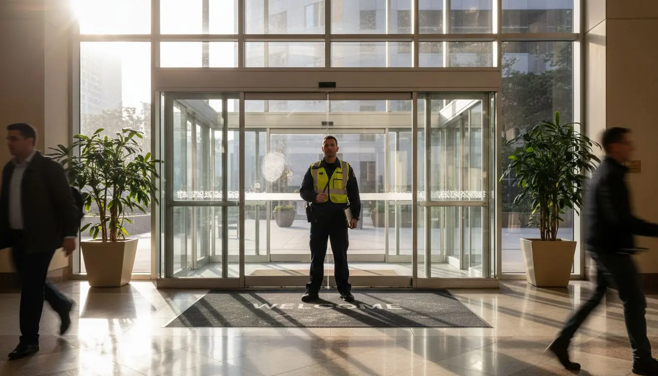 Security guard stationed at office lobby entrance