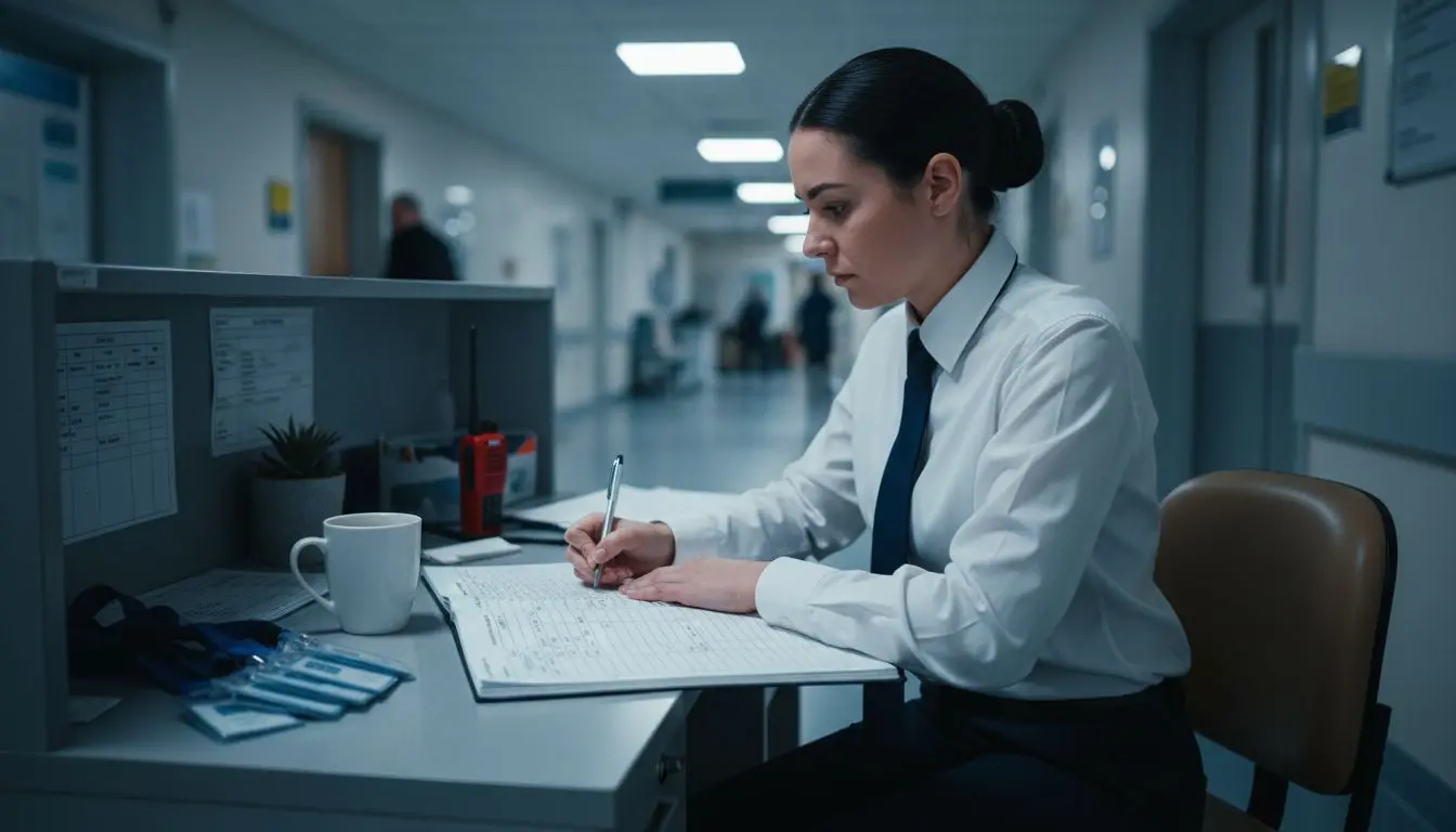 Guard recording details at hospital desk