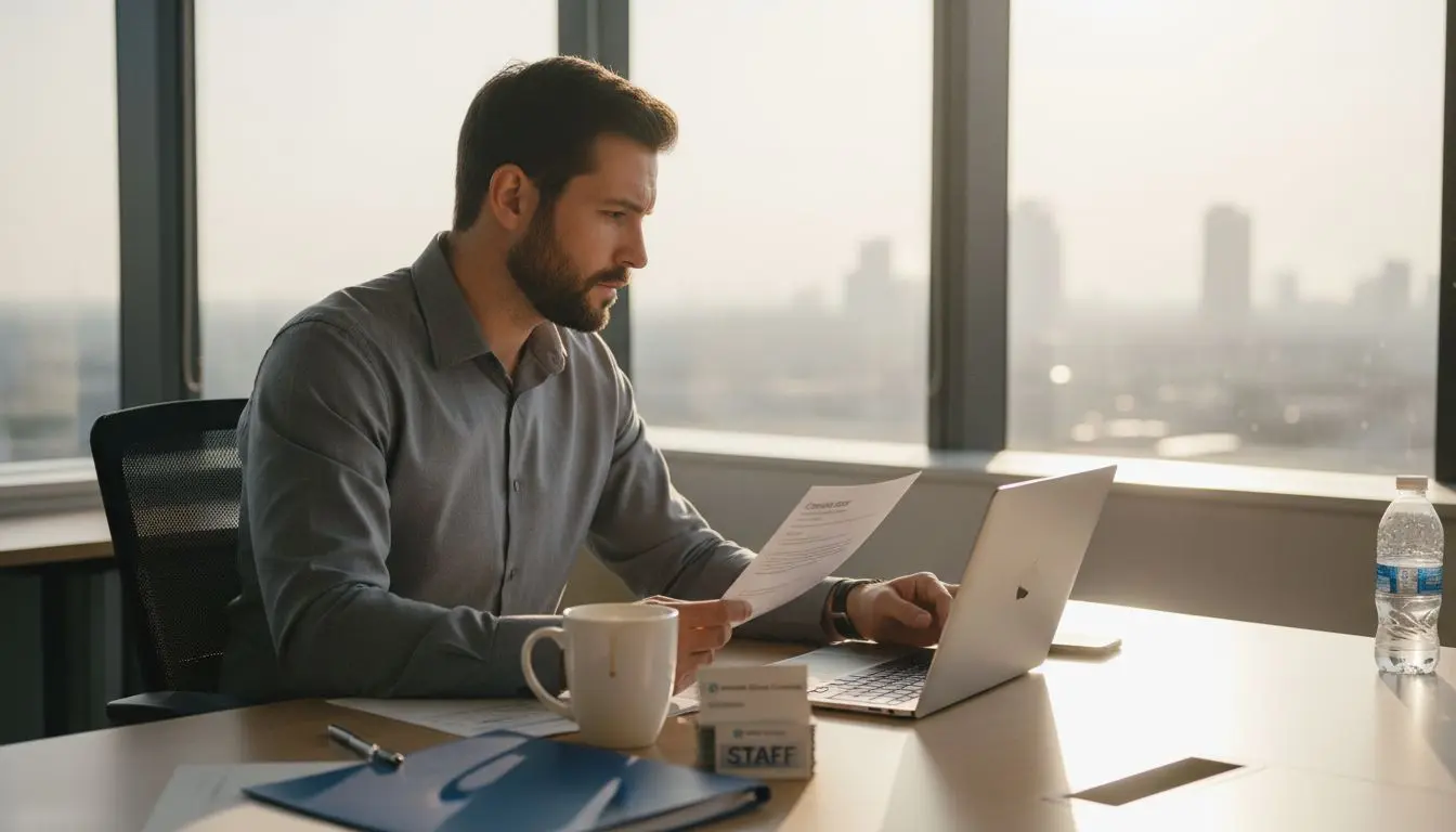 Security professional reviewing CV in UK office