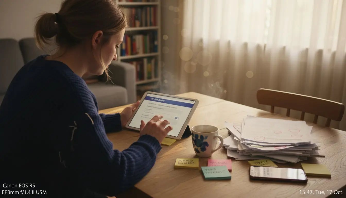 Woman configuring security job alerts at home