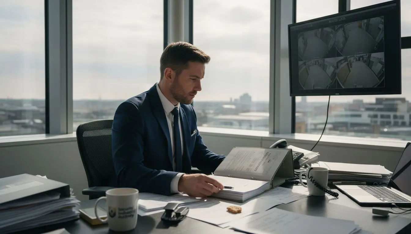 Security professional reviews protocols in busy office