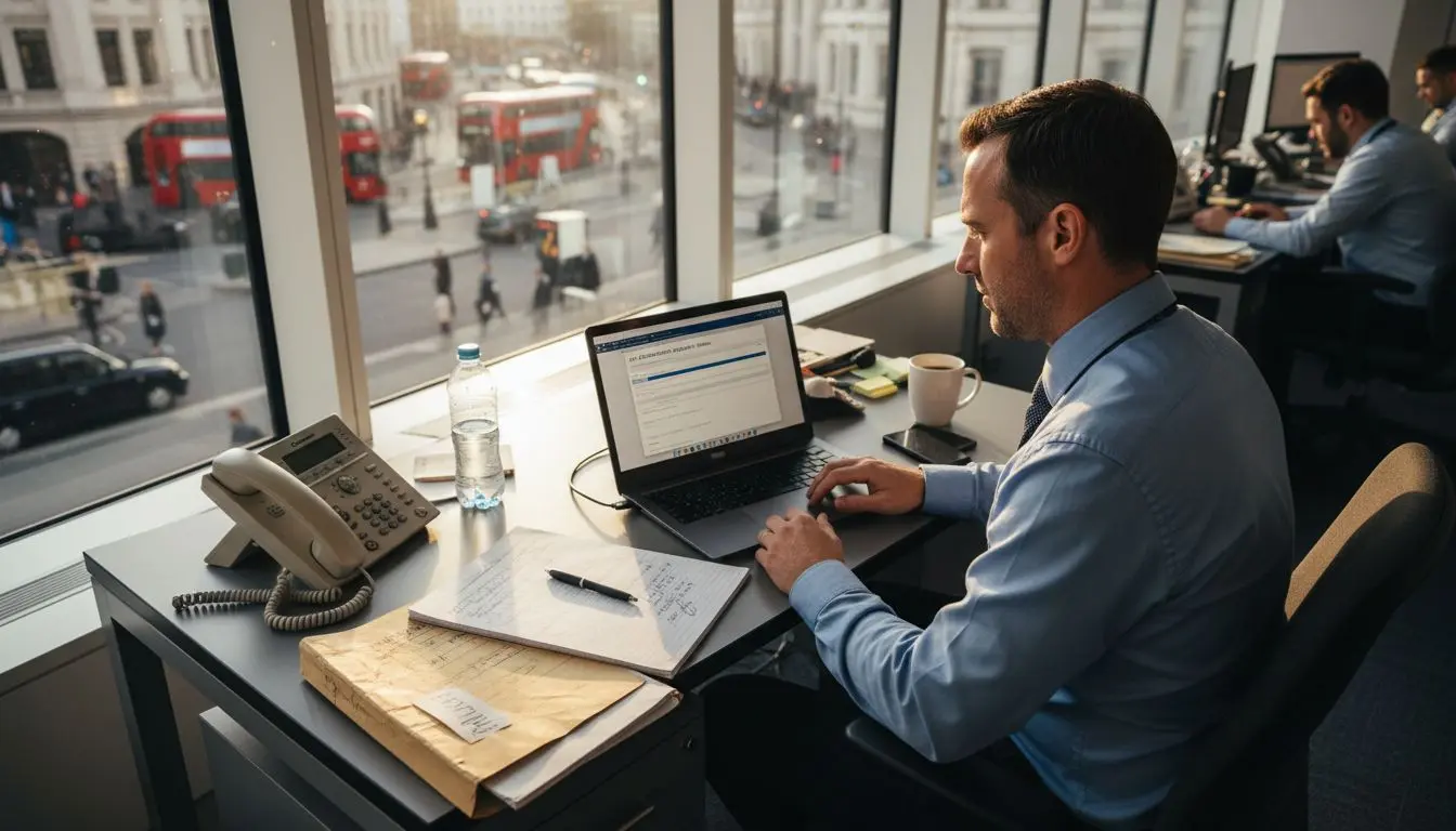 Security recruitment manager reviewing documents in UK office