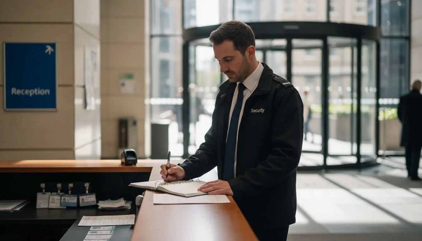 Security guard at office lobby desk in London