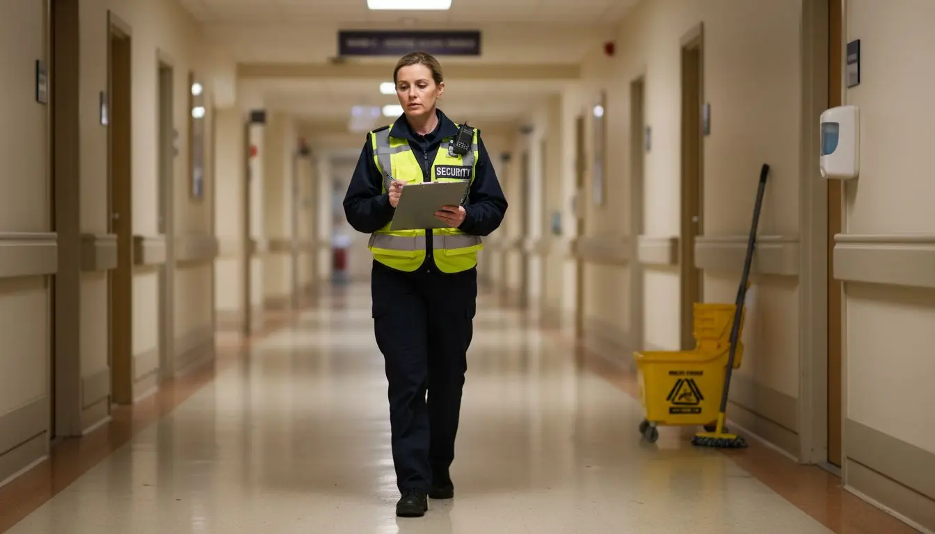 Security guard patrolling hospital hallway