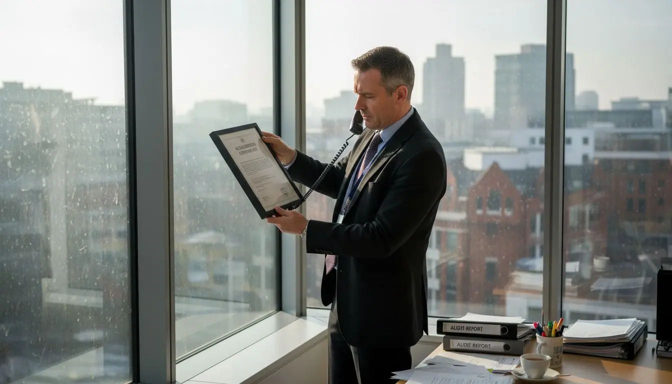 Security manager reviewing accreditation certificate