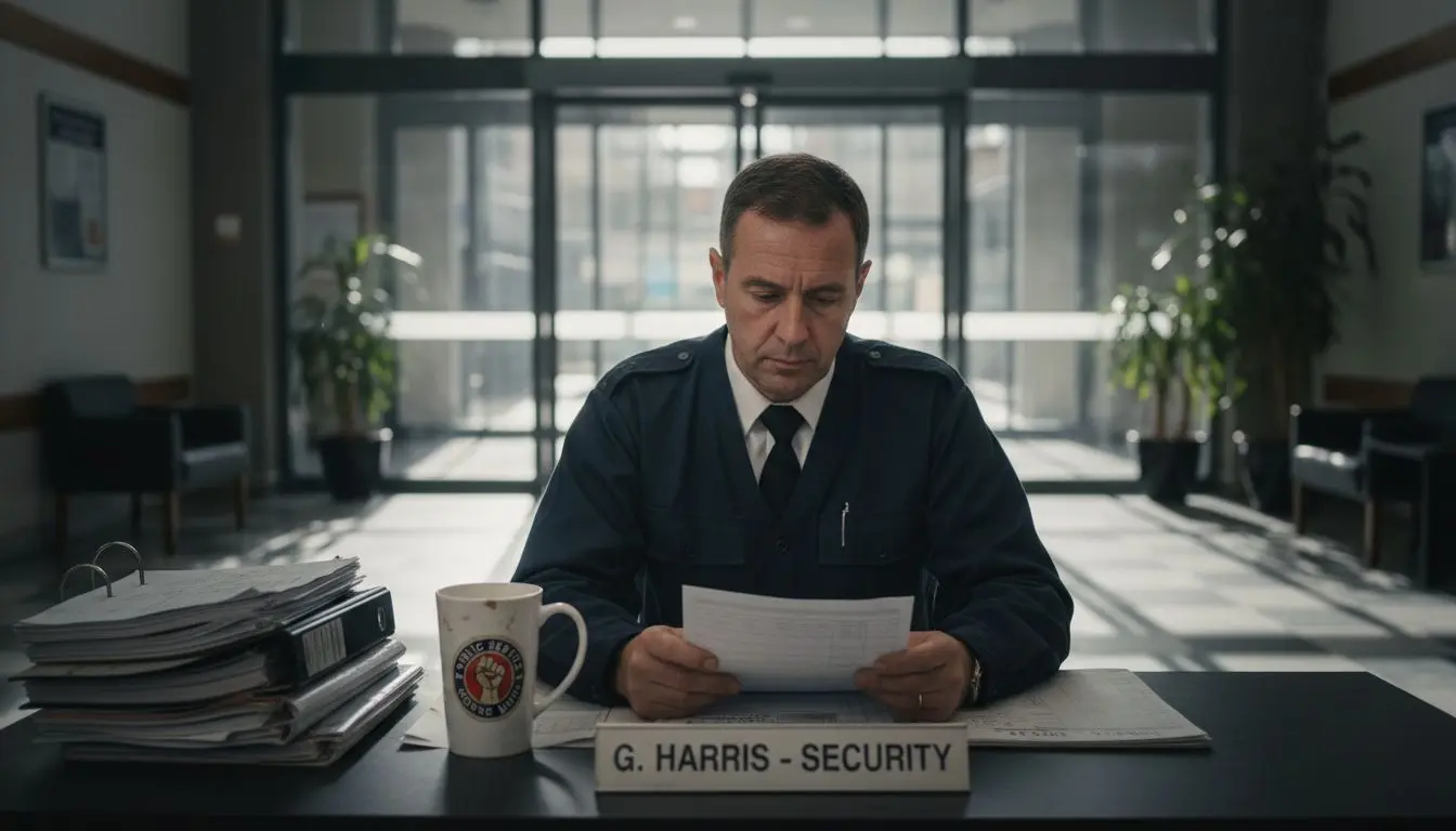 Security guard reviews job benefits at lobby desk