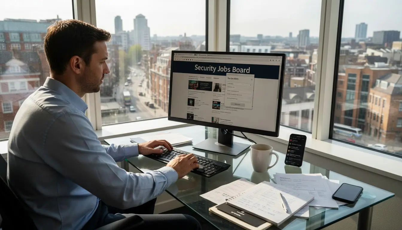 Security professional setting up job alerts at office desk