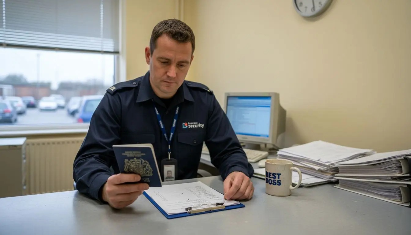 Security officer checks documents in busy HR office