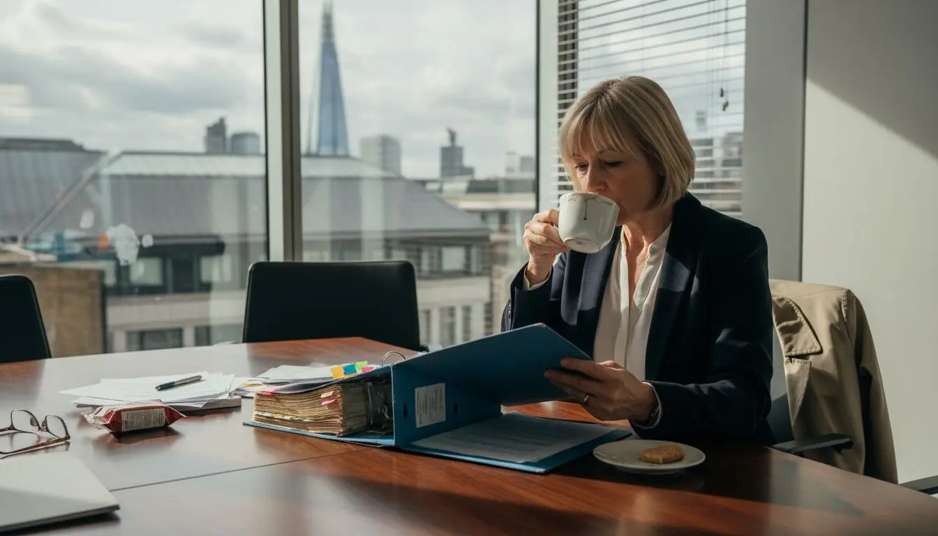 HR manager reviews legal binder in London office