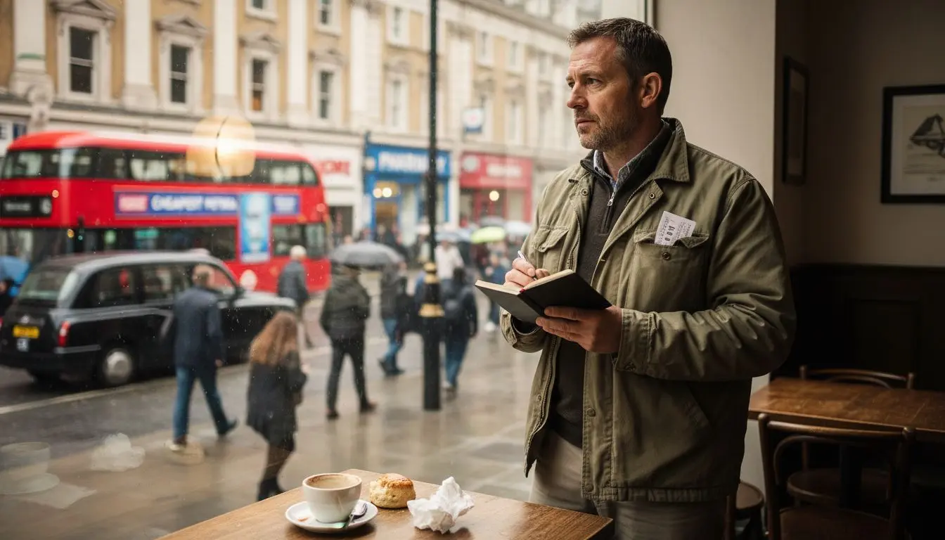 Surveillance operative discreetly observing London street