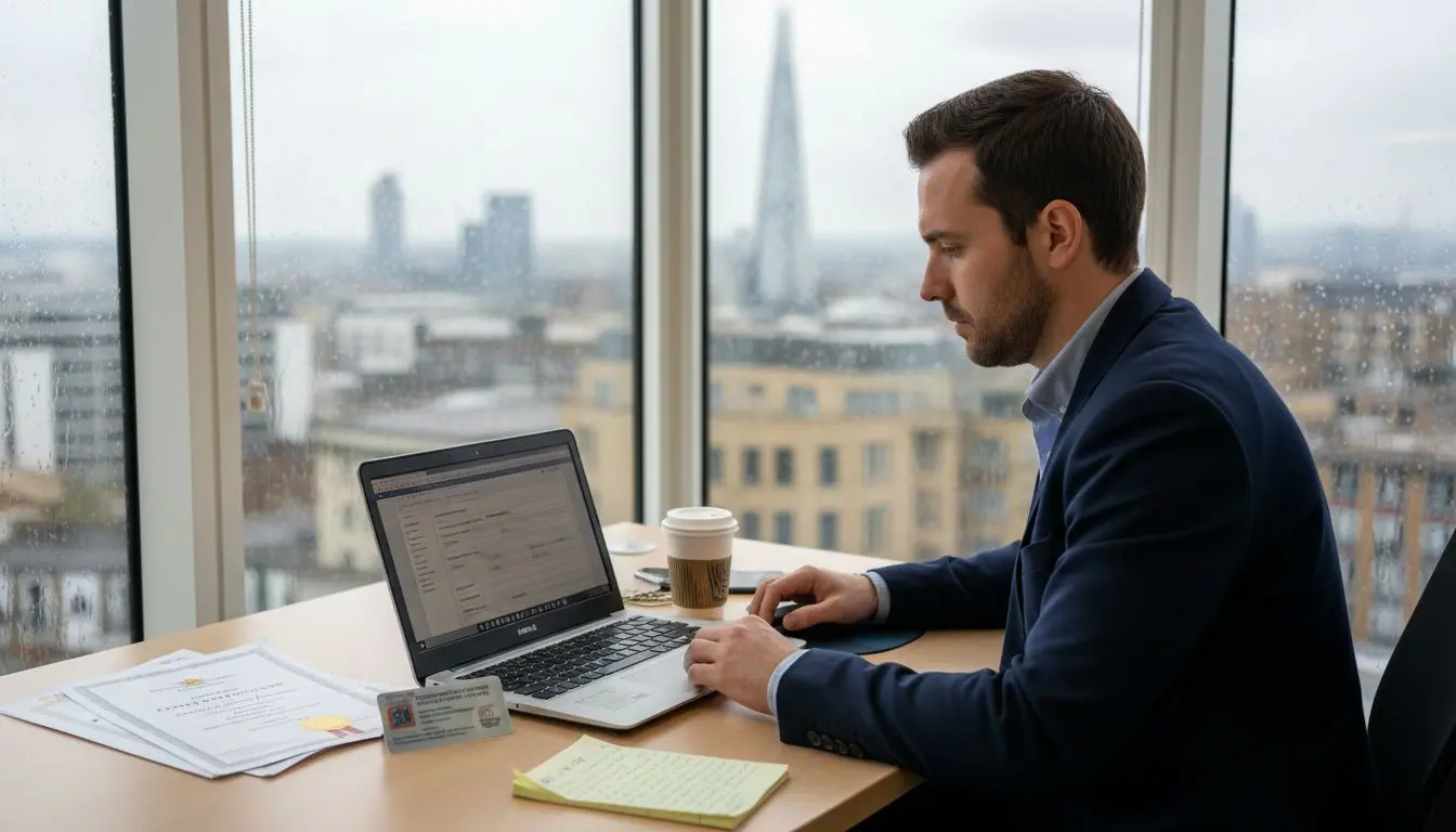 Man creating UK security jobseeker profile at desk