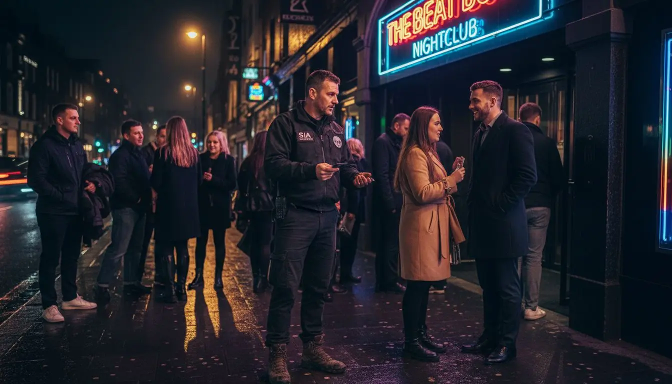 Door supervisor working outside UK nightclub entrance