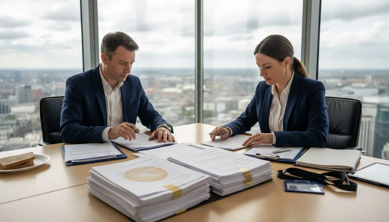 Security consultants reviewing documents in office