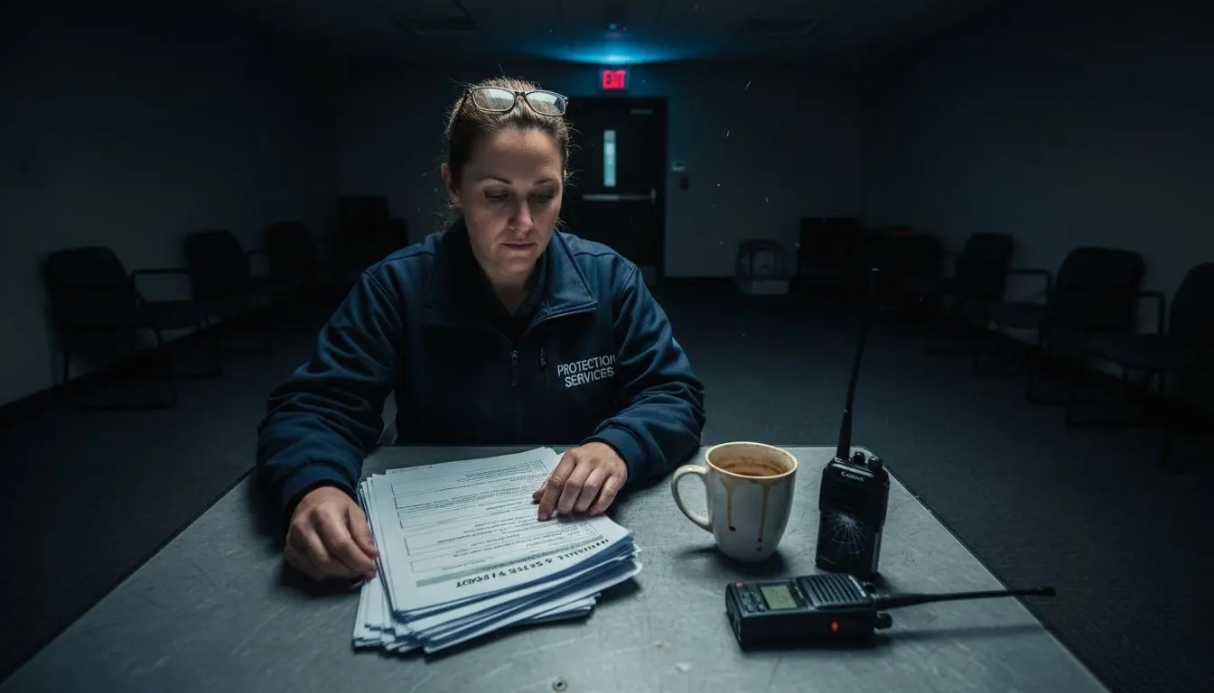 Security staff reviewing lone worker paperwork