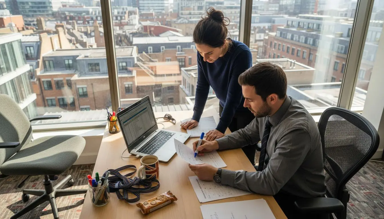 Security pros reviewing workplace logs in UK office