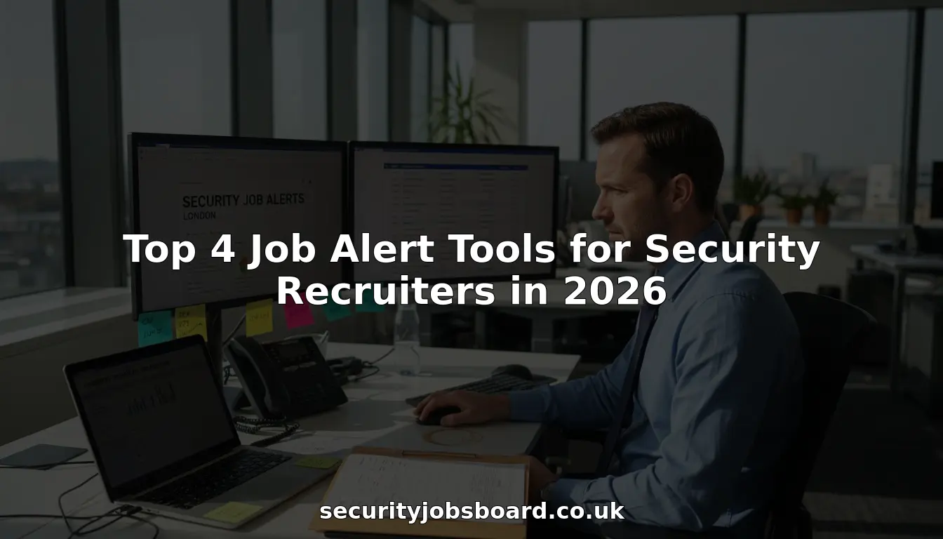 Security recruiter reviewing job alerts at office desk