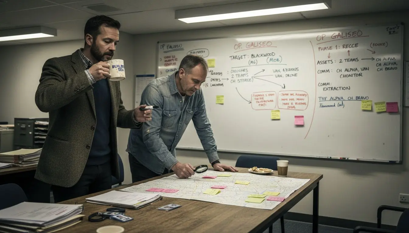 Surveillance team planning operation indoors