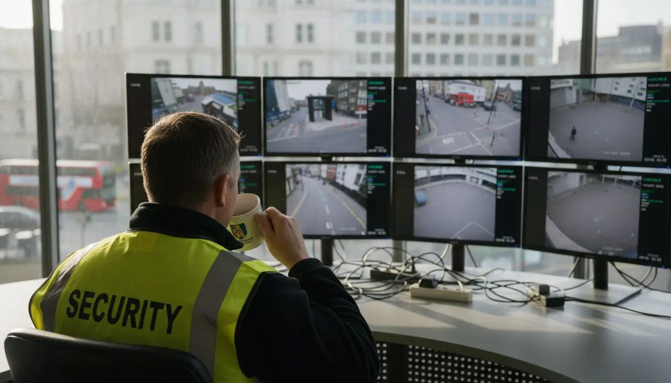 Security operator watches CCTV in control room