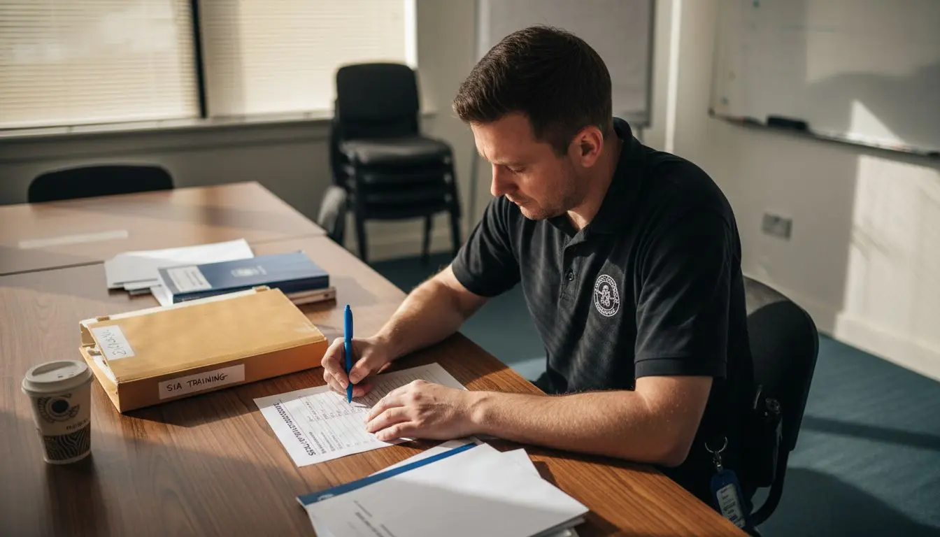 Security officer completing training checklist at table