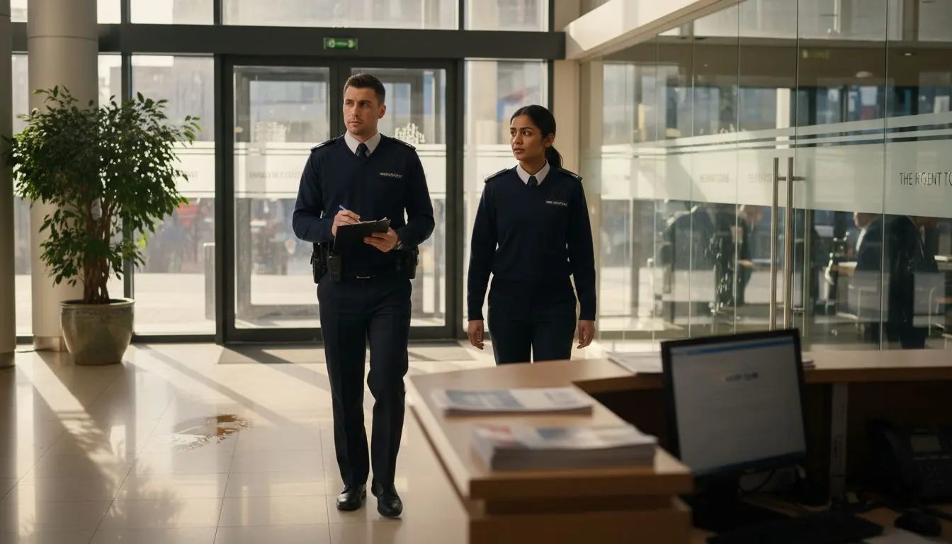 Security staff patrolling busy office lobby area