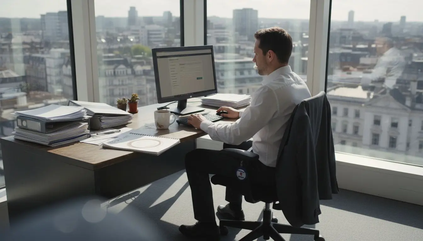 Candidate completing security job application in corner office