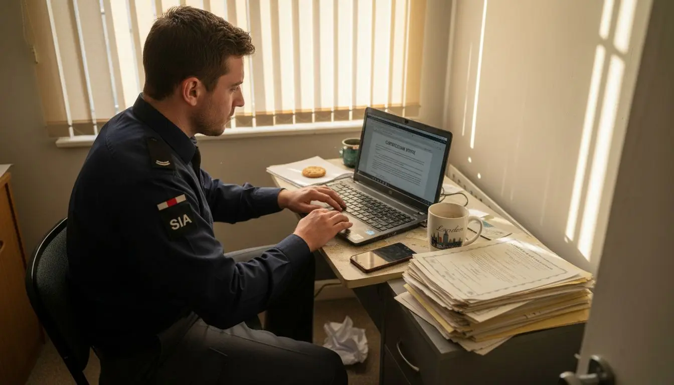 Security officer preparing CV in UK flat
