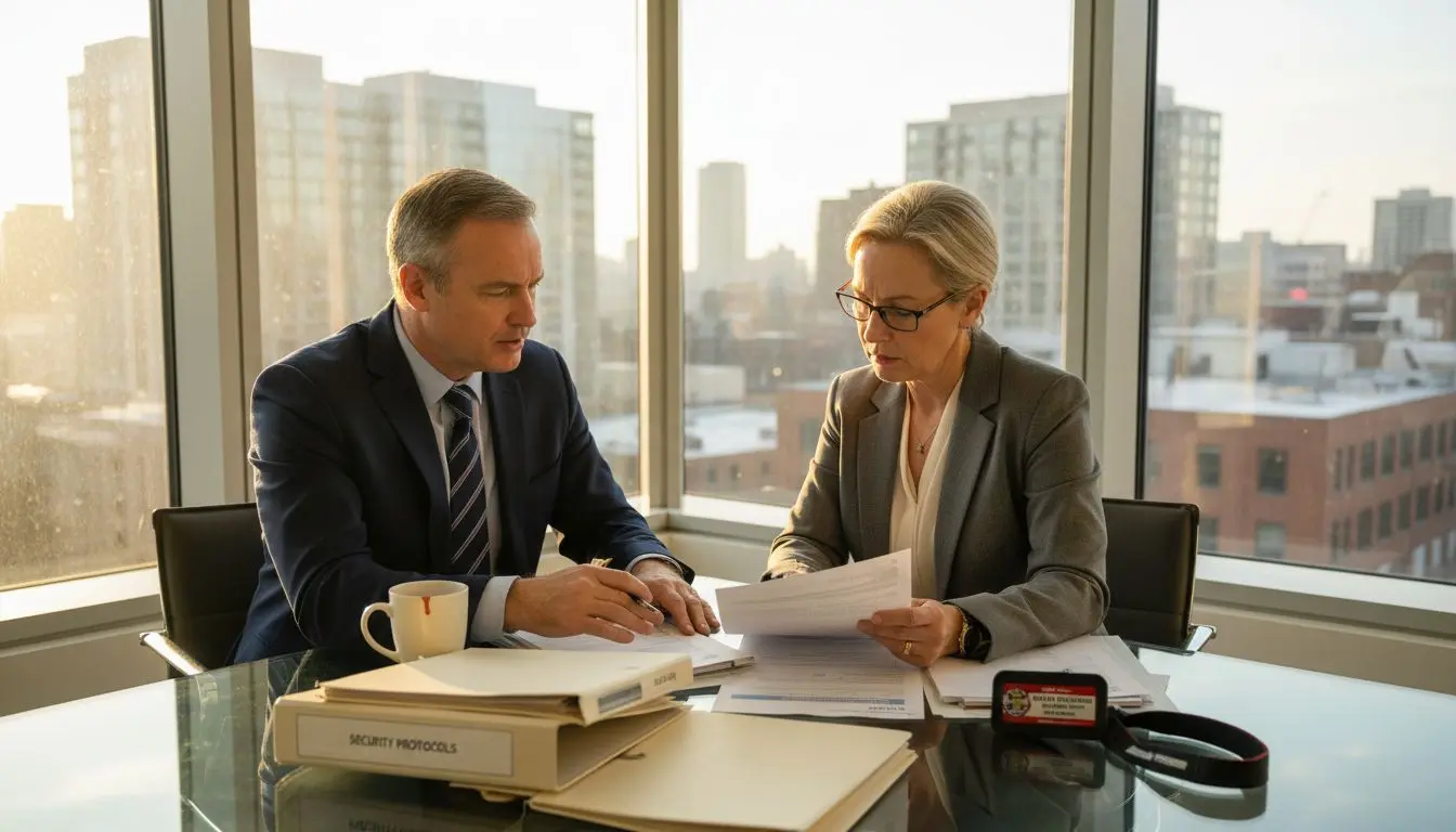 Security manager and assessor meet in office