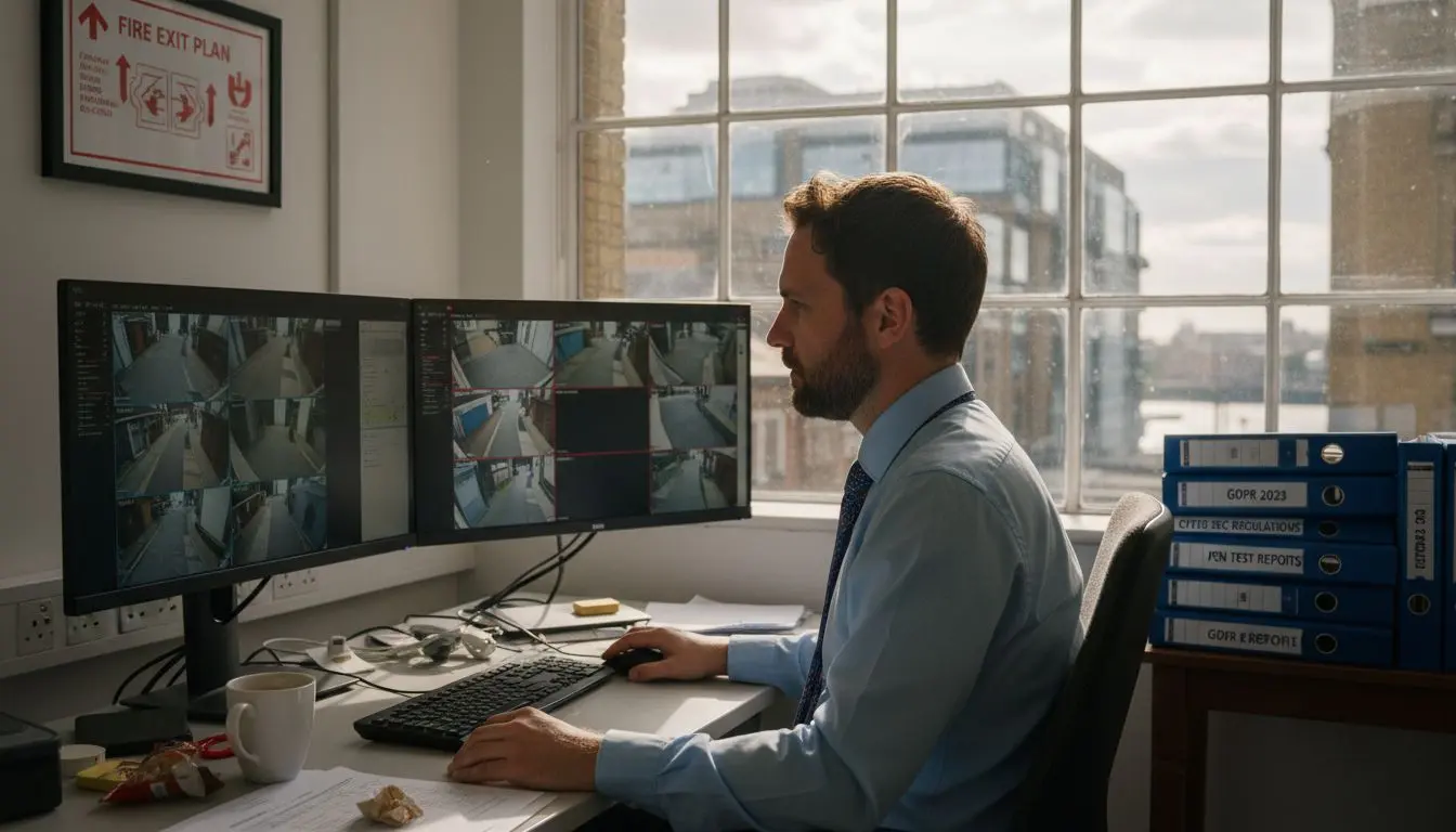 Security analyst reviews monitors in corner office