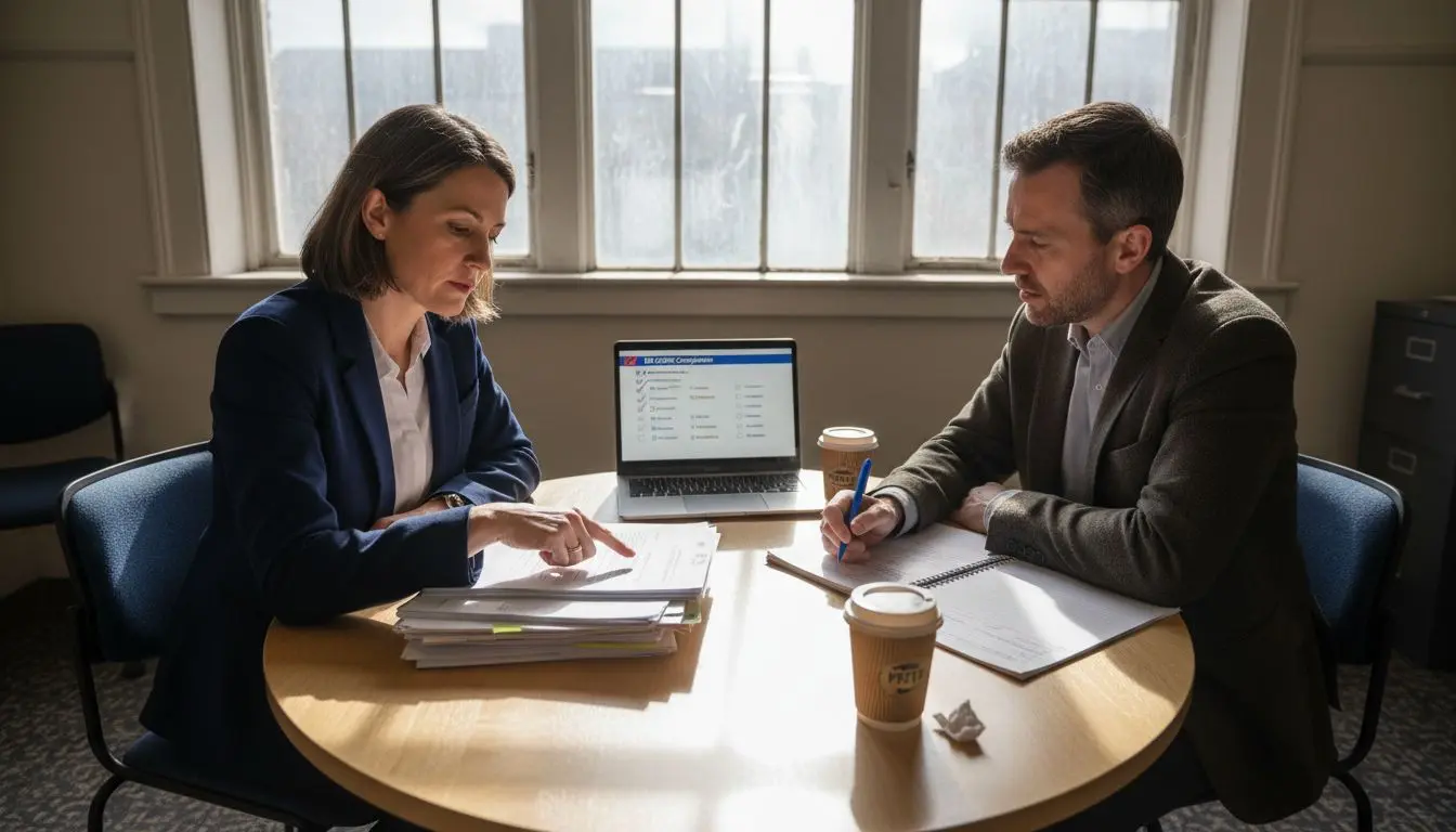 Colleagues discuss compliance in small conference room