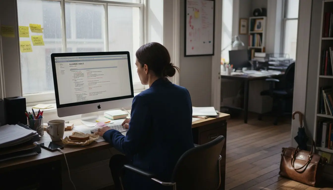 Woman editing security CV in London office