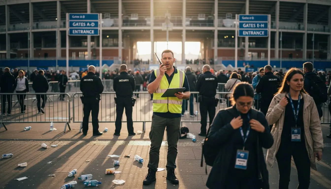 Event manager directing crowds at UK stadium