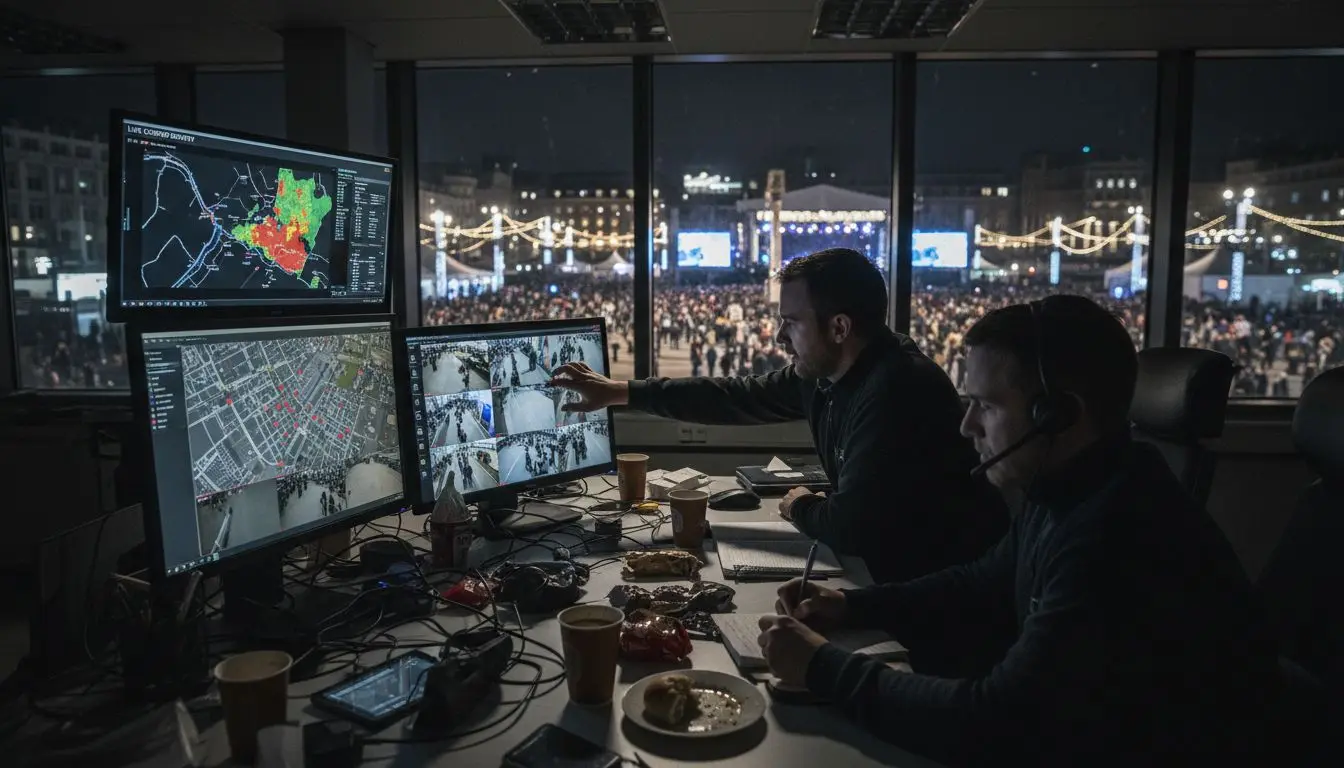 Security team watching CCTV for crowd safety