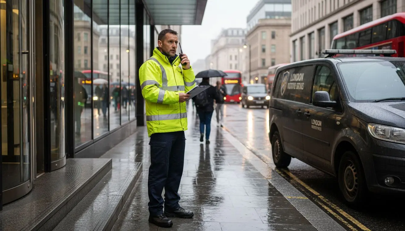Security professional at UK building entrance
