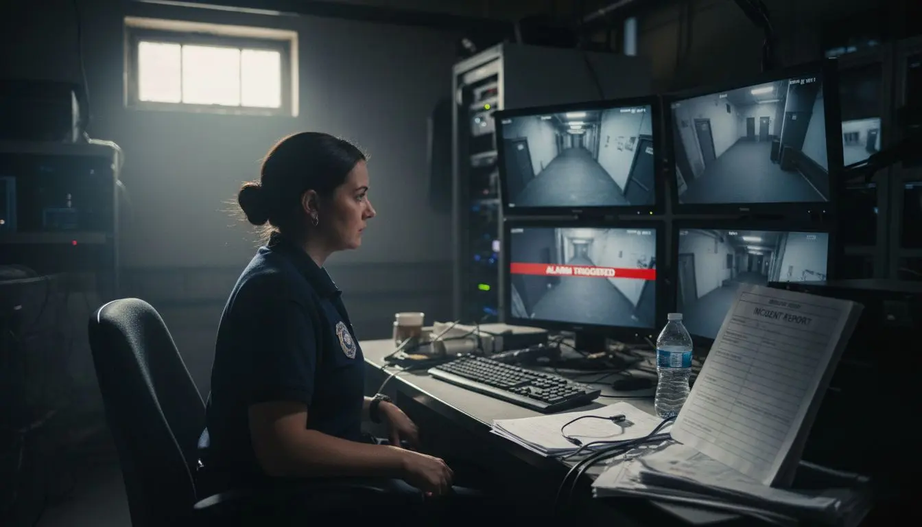 Officer reviews alarm triggers on monitors